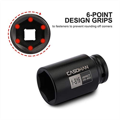 CASOMAN 1/2-Inch Drive 6-Point Deep Impact Socket- 1-5/16'' (SAE), CR-MO, for Axle Shaft Nuts, High-Torque, Corrosion-Resistant - size: 33.34 mm (Deep), style: 6-Point Socket