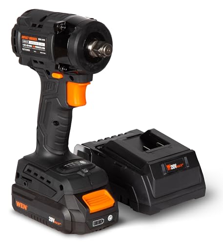 WEN 20V Max Brushless Cordless Compact 1/2-Inch Impact Wrench with SmartStop, 2.0 Ah Lithium-Ion Battery and Charger (20108) - style: Cordless + Battery + Charger
