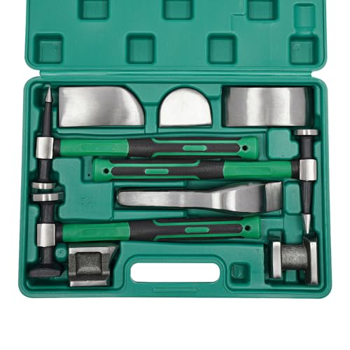 9PCS Auto Body Repair Kit, Hand Car Auto Body Work Hammer Fender Tool, Dent Crowbar Metal Repair Kit Fender Carbon Steel Dolly and Hammer Dolly Set with Carrying Case