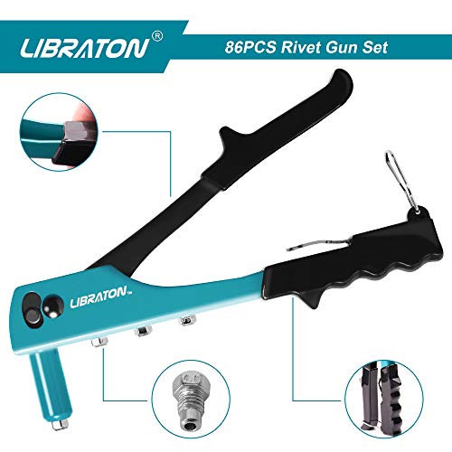 Rivet Gun, Rivet Gun Kit, Pop Rivet Gun, 80PCs Metal Rivets and 4 Drill Bits, Heavy Duty Hand Riveter, Rivet Gun Tool for Metal, Automotive, Blind Rivets 3/32" 1/8" 5/32" 3/16" - size: Pop Rivet Gun