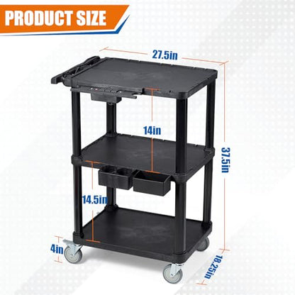 ELAFROS 3-Tier Heavy Duty AV Cart with Power Strip, 27.5 x 18.25 in | 330 lbs Capacity, Flat Top Shelves, Industrial Rolling Cart, Swivel Wheels, AV Equipment Stand, Work Cart, Organizer - style: With Power Strip