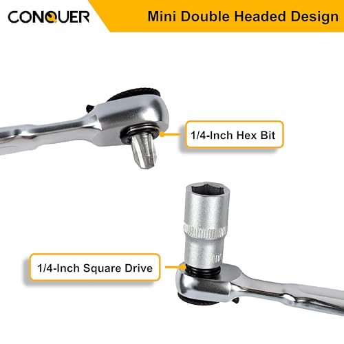 CONQUER 1/4" Mini Ratchet Wrench Low Profile Dual Head | Socket/Bit Driver, 72-Tooth, 5° Swing Arc, Ultra-Low Back Drag, Quick-Release Button; For Tight Engine Bays & EDC Kits - style: Dual Ratchet Socket