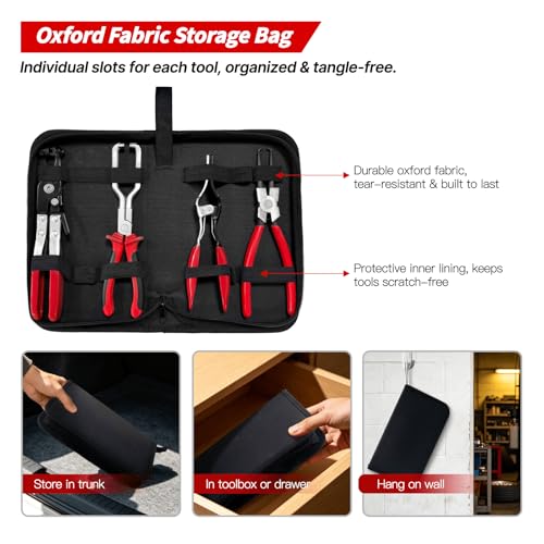 Clamp Removal Tool, Fuel Line Pliers for Radiator Fuel & Vacuum Line Repair | Hose Clamp Pliers Set with Straight Clamp Tool, Removal Plier, Large & Small Jaw Fuel Line Tools, Oxford Storage Bag