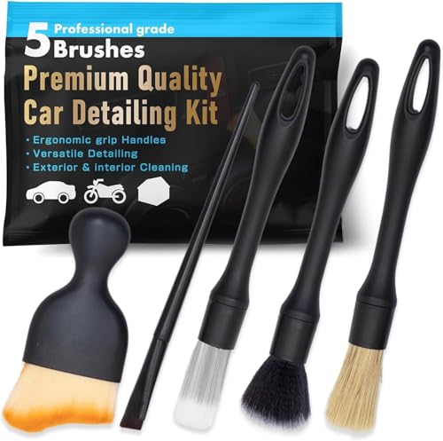 Yours Car Detailing Brush Kit, Interior & Exterior Car Cleaning Brush Set, Auto Detailing Tools for Interior Cleaner, 5 Pack, Black