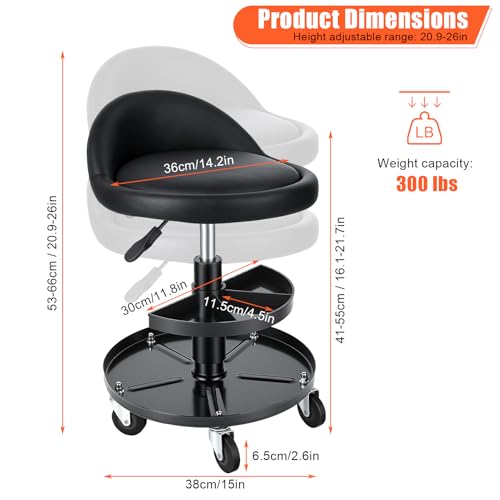 Rolling Shop Stool with Wheels and Backrest, 16–21.6 Inch Height Adjustable Garage Mechanic Stool, Low Rolling Work Seat with 2-Tier Tool Trays for Auto Repair Workshop Salon 300 lb Capacity (Black)