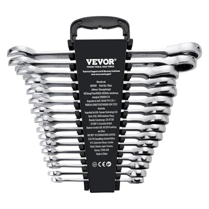 VEVOR Combination Wrench Set, 16-Piece Ratcheting Wrench Set with Organizer Rack, Cr-V Steel, Metric 8 mm to 24 mm, Ideal for General Household, Garage, Workshop, Auto Repairs, Emergency - size: 16PCS (Metric), style: Regular