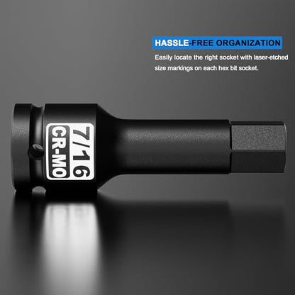 1/2" Drive H7/16-Inch Impact Hex Bit Socket, SAE Allen Bit Socket, Cr-Mo Steel, Removing Loosening Hexagon Bolts - size: 1/2" H7/16 Deep