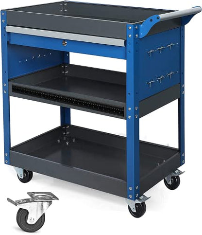 3 Tier Tool Cart,440 LBS Capacity Rolling Tool Cart with Drawers,Heavy Duty Industrial Service Cart on Wheels with Pegboard Hooks for Mechanics,Garage,Warehouse,Workshop,Blue