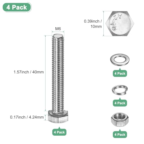 M METERXITY 4-Pack Hex Head Screw Bolt with Nuts Flat & Lock Washers M6x40mm Stainless Steel Bolts and Nuts Kit Fully Threaded Metric Bolt Assortment for Equipment/Machinery - size: M6 x 40mm