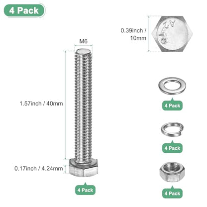 M METERXITY 4-Pack Hex Head Screw Bolt with Nuts Flat & Lock Washers M6x40mm Stainless Steel Bolts and Nuts Kit Fully Threaded Metric Bolt Assortment for Equipment/Machinery - size: M6 x 40mm