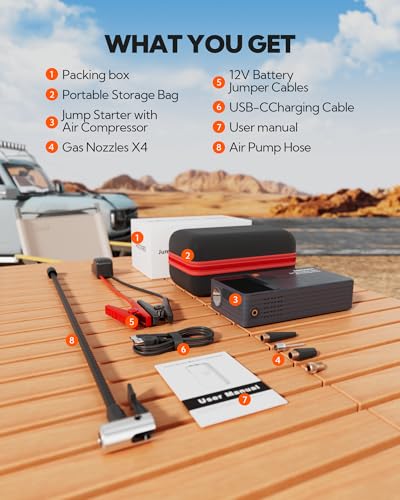 Car Battery Jump Starter with Air Compressor,44.4Wh Battery Jump Box with Tire Inflator,Jump Booster with Smart Jumper Cables,LED Light Emergency Car Kits for Vehicles,Arrancador Ae Batería - style: JC8 With Air Compressor 12000mAh