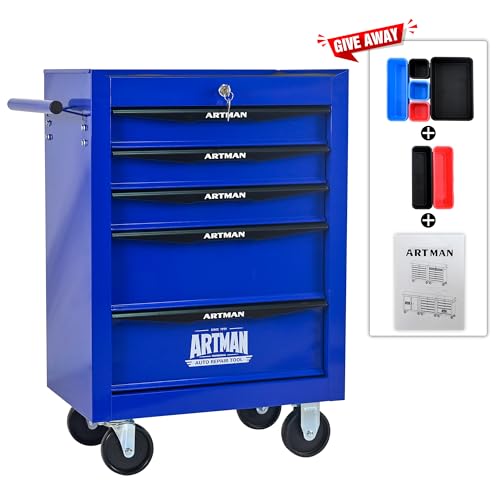 RYH 5 Drawers Rolling Tool Chest - 13" D x 20.9" W x 30.5" H Heavy Duty Mobile Tool Cart with Locking Wheels & Ball Bearing Drawers, Garage Tool Storage Cabinet (Blue, 5 Drawers) - color: Blue-black, size: 5 Drawers（30"H × 20"W × 13"D)