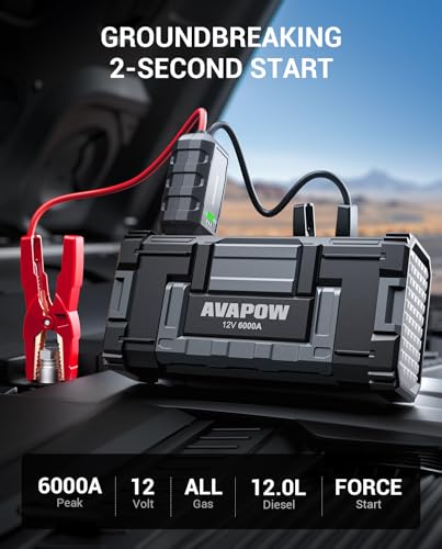 AVAPOW 6000A Jump Starter Battery ack(for All Gas or up to 12L Diesel) Powerful Jump Box with DC Output and Dual USB Quick Charge,12V Jump Pack with Built-in LED Bright Light