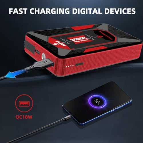 3000A Jump Starter for 6.0L Gas 4.0L Diesel Battery Jumper Box | 3000A peak current; fits glove box with hard case; 9 safety protections; power bank function; 3-mode LED light - color: red