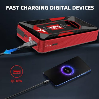 3000A Jump Starter for 6.0L Gas 4.0L Diesel Battery Jumper Box | 3000A peak current; fits glove box with hard case; 9 safety protections; power bank function; 3-mode LED light - color: red