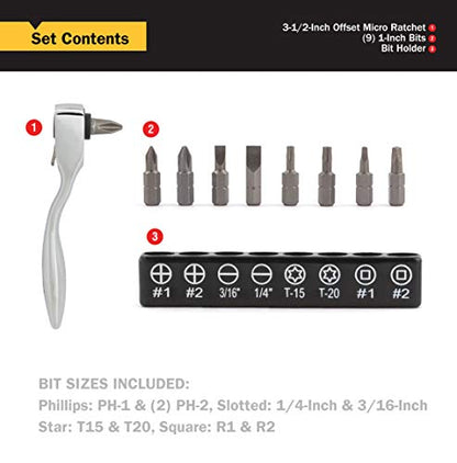 Titan 11205 3-1/2-Inch Offset Micro Ratcheting Bit Driver and Bit Set - style: Offset Bit Driver w Bits