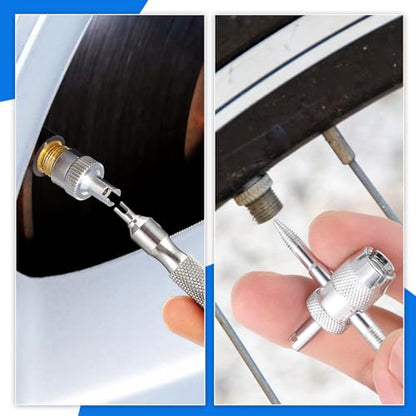 4 PCS Valve Stem Tool Keychain & 4-in-1 Tire Valve Core Removal Tool, Stainless Steel Portable Valves Core Disassembly and Repair Tools for Bicycle Car Motorcycle Repair Install Accessory