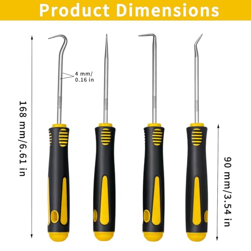 4-Piece Precision Hook and Pick Set - Automotive O-Ring Remover & Oil Seal Puller Tool Kit, Mechanic Hand Tools for Gaskets, Springs & Wires, 6.5 Inch Heat-Treated Shafts with Ergonomic Grip(Yellow) - color: Yellow