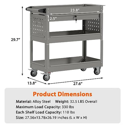 3-Tier Heavy Duty Utility Cart on Wheels, Rolling Tool Cart on Wheels with a Drawer, 350 Lbs Load Capacity Service Cart for Warehous, Garage and Repair Shop (Grey) - color: Gray