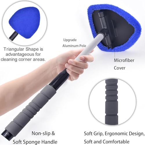 Windshield Cleaning Tool with Extendable Handle, Car Interior Window Cleaner Kit with 4 Reusable Microfiber Pads, Inside Windshield Cleaner for Auto & Home Glass - color: Blue