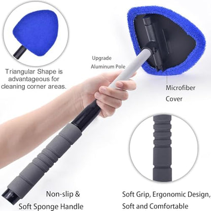 Windshield Cleaning Tool with Extendable Handle, Car Interior Window Cleaner Kit with 4 Reusable Microfiber Pads, Inside Windshield Cleaner for Auto & Home Glass - color: Blue