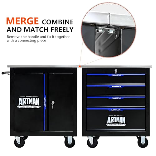1 Cabinet Heavy Duty Rolling Tool Chest, Lockable Mobile Metal Tool Cart with Stainless Steel Worktop, Garage Tool Storage Cabinet for Workshop Auto Repair, Black & Blue, 30.7" H × 25.9" W - size: 1 Cabinet