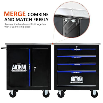 1 Cabinet Heavy Duty Rolling Tool Chest, Lockable Mobile Metal Tool Cart with Stainless Steel Worktop, Garage Tool Storage Cabinet for Workshop Auto Repair, Black & Blue, 30.7" H × 25.9" W - size: 1 Cabinet