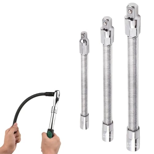 3-Piece Flexible Socket Extension Set – 1/4", 3/8", 1/2" Shaft Drive 10" 8" 6", 45° Bend – Flexible Drill Extension for Tight Spaces (Silvery, 1/2" 1/4" 3/8") - color: Silvery