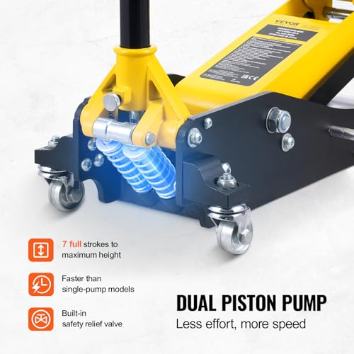 VEVOR Low Profile Floor Jack 2 Ton (4400 lbs), Heavy Duty Aluminum Hydraulic Racing Floor Jack, Hydraulic Car Jack, Dual Piston Quick Lift Pump, 3.2"-14.6" Height Lifting Range (Yellow)