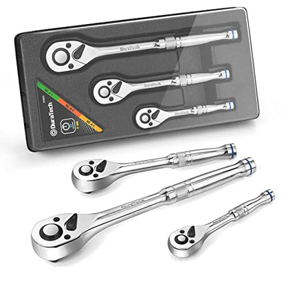 DURATECH 3-Piece Ratchet Set, 72-Tooth, 1/4" 3/8" 1/2" Drive | Quick-Release, Reversible, Chrome Alloy, Organized in Plastic Tray - style: Quick-Release