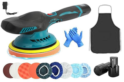 Cordless Dual Action Polisher Buffer for Car, 12V Furniture Electric Polishing Waxer Machine Kit, Random Orbit Sander, 2500-5000 RPM 6 Variable Speeds with 2 x 2Ah Batteries, Gloves, Apron