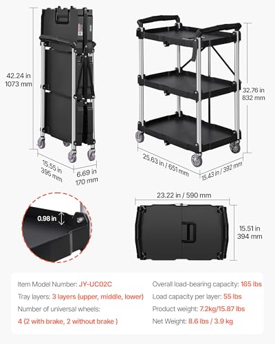 VEVOR Foldable Utility Service Cart, 165LBS 3 Shelf Heavy Duty Plastic Rolling Cart with 360° Swivel Wheels (2 with Brakes), Ergonomic Handle, Portable Garage Tool Cart for Warehouse Office Home - size: 25.62 x15.43 x32.76 inch