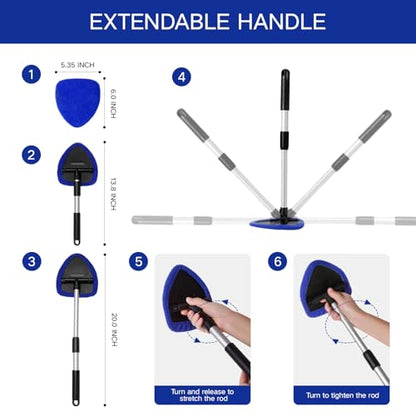 Qydipclin 7pcs Windshield Cleaner Tool Car Window Cleaning Wash Kit with 4 Reusable Microfiber Pads 1 Spray Bottle and Extendable Handle Auto Glass Wiper Kit, Blue - color: Blue