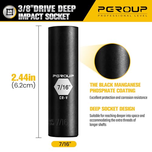 3/8” Drive Deep Impact Socket, SAE(7/16 Inch socket), 6-Point, Cr-V Steel With Black Manganese Phosphate Coating - size: 7/16-inch