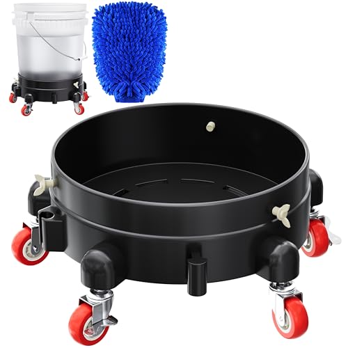 Heavy Duty 5 Gallon Bucket Dolly with 5 Swivel Casters, Professional Rolling Water Bucket Creeper for Car Detailing & Washing, 310 lbs Capacity, 2 Locking Brakes, Includes Premium Wash Mitt