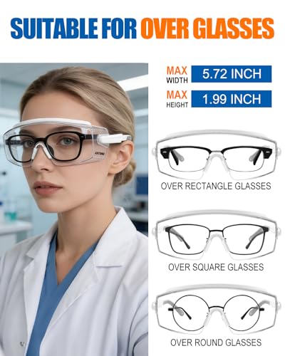Clear Safety Glasses Over Eyeglasses — ANSI Z87.1 Certified Safety Goggles with UV380 Anti-Fog & Anti-Scratch Wraparound Lenses — Adjustable Temples with Anti-Slip Tips — Youth Men & Women - color: White