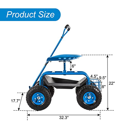 Kinfant Rolling Garden Cart Scooter Stool - Garden Cart with Wheels & Seat, Adjustable Handle 360 Degree Swivel (Blue) - color: Blue