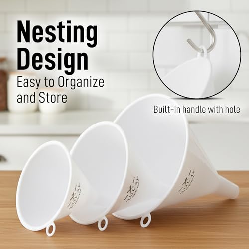 Zulay Kitchen 3-Piece Plastic Funnel Set - Large, Medium, and Small Kitchen Funnels Pouring Spout - for Filling Bottles Water Liquid, Protein Powder, Food Grade Cooking, Drink, Paint, Lotion, Kids