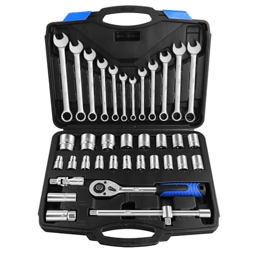 1/2 Inch Drive Metric Socket Set 8-32mm & Combination Wrench Set 8-19mm, 37pcs Mechanic Tool Set for Auto and Bike Repair - color: Silver-37pcs