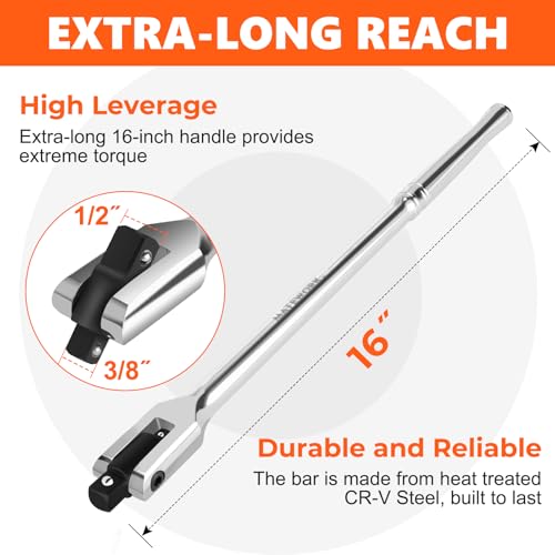Matework Breaker Bar 3/8" & 1/2" Dual Drive, 16-Inch Length, Heavy Duty Breaker Bar with 360° Flex Head, CR-MO Steel - style: 3/8" & 1/2" Dual Drive (16-inch)