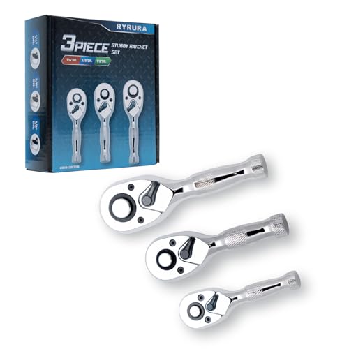 1/4" 3/8" 1/2" Stubby Drive Ratchet Set,Mini Ratchet Wrench Set,Small Socket Wrench,72-Tooth Quick Release,Reversible Durable Chrome Alloy Made, Fashionable Thread Design, Fully Polished - size: 1/4-inch+3/8-inch+1/2-inch Set, style: Stubby-Metal handle