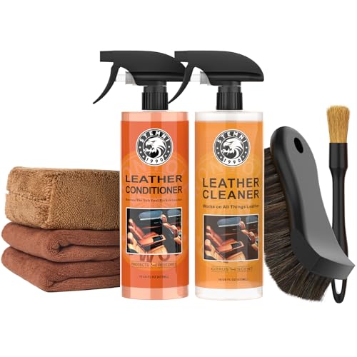 Car Leather Cleaner and Conditioner Kit, Leather Care Cleaning Kit with Horse Hair Cleaning Brush - Safe for Car Interiors, Furniture, Boots, Bags & Apparel - Deep Cleaning, Non-Greasy Restorer