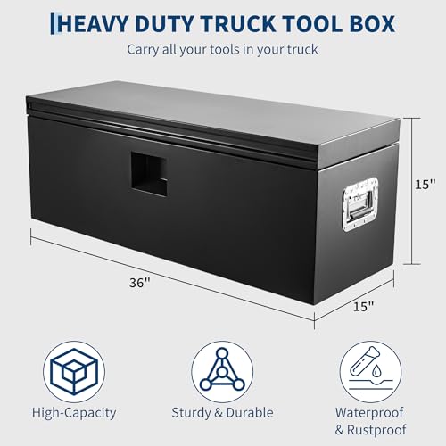 Industrial Steel Truck Tool Box w/Gas-Shock Lid, Pry-Resistant Security & Weatherproofing Toolbox Organizer Chest Fits Pickup, Truck Bed, RV, Trailer - color: Black, size: 15X15X36 inch