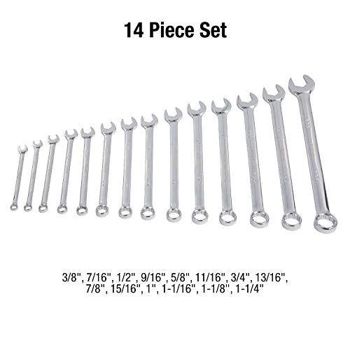 Sunex 9915 V-Groove Fractional Full Polish Combination Wrench Set, 3/8-Inch - 1-1/4-Inch, Fully Polished, 14-Piece (Includes Roll-Case) - size: SAE, style: V-Groove Fractional Combination Wrench Set 14-Piece