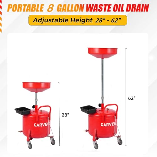 Garvee 8 Gallon Portable Waste Oil Drain Tank, Oil Lift Drain Pan Air Operated Drainer, Fluid Fuel Drainage Adjustable Funnel Height with Wheels | Air Operated Drainer, Fluid Fuel Drainage, Adjustable Funnel Height, Moved Flexibly with Wheels, Red - color