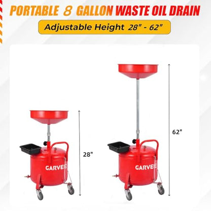 Garvee 8 Gallon Portable Waste Oil Drain Tank, Oil Lift Drain Pan Air Operated Drainer, Fluid Fuel Drainage Adjustable Funnel Height with Wheels | Air Operated Drainer, Fluid Fuel Drainage, Adjustable Funnel Height, Moved Flexibly with Wheels, Red - color