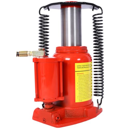 Air Hydraulic Bottle Jack, Heavy Duty Pneumatic Truck Jack with Height Adjustments, Dual Use Manual Pump, 32 Ton Welded Bottle Jack for Auto Repair Industrial Engineering,Red - color: Red