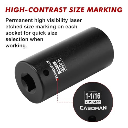 CASOMAN 1/2" Drive x 1-1/16" Deep Impact Socket, 6-Point, SAE, CR-MO - size: 26.99 mm (Deep), style: 6-Point Socket