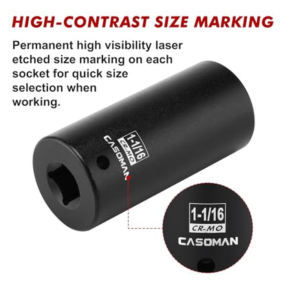 CASOMAN 1/2" Drive x 1-1/16" Deep Impact Socket, 6-Point, SAE, CR-MO - size: 26.99 mm (Deep), style: 6-Point Socket
