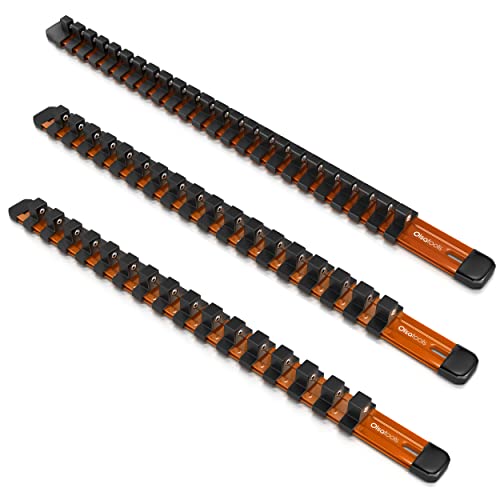 Olsa Tools Aluminum Socket Organizer, 3pc Set - Orange Socket Holder Kit 1/2-Inch, 3/8-Inch, and 1/4-Inch Drive - Holds 58 Chrome or Impact Sockets - Professional Grade Socket Rails - Part: 1106 - color: Orange, size: 3pc - 1/4, 3/8, & 1/2-Inch Drive